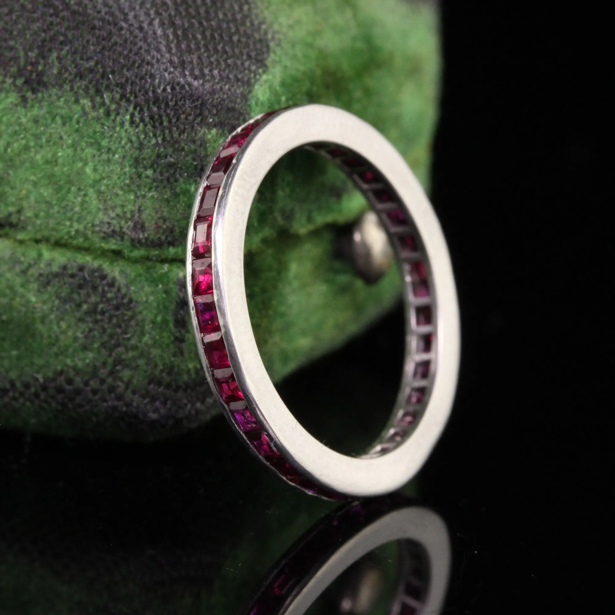 Antique Art Deco Platinum Square Cut Ruby Eternity Band - Size 4