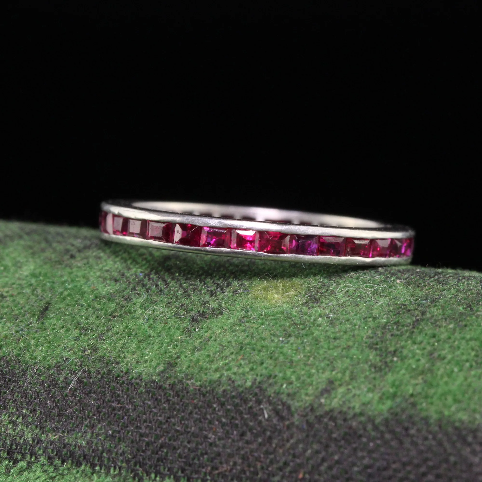 Antique Art Deco Platinum Square Cut Ruby Eternity Band - Size 4