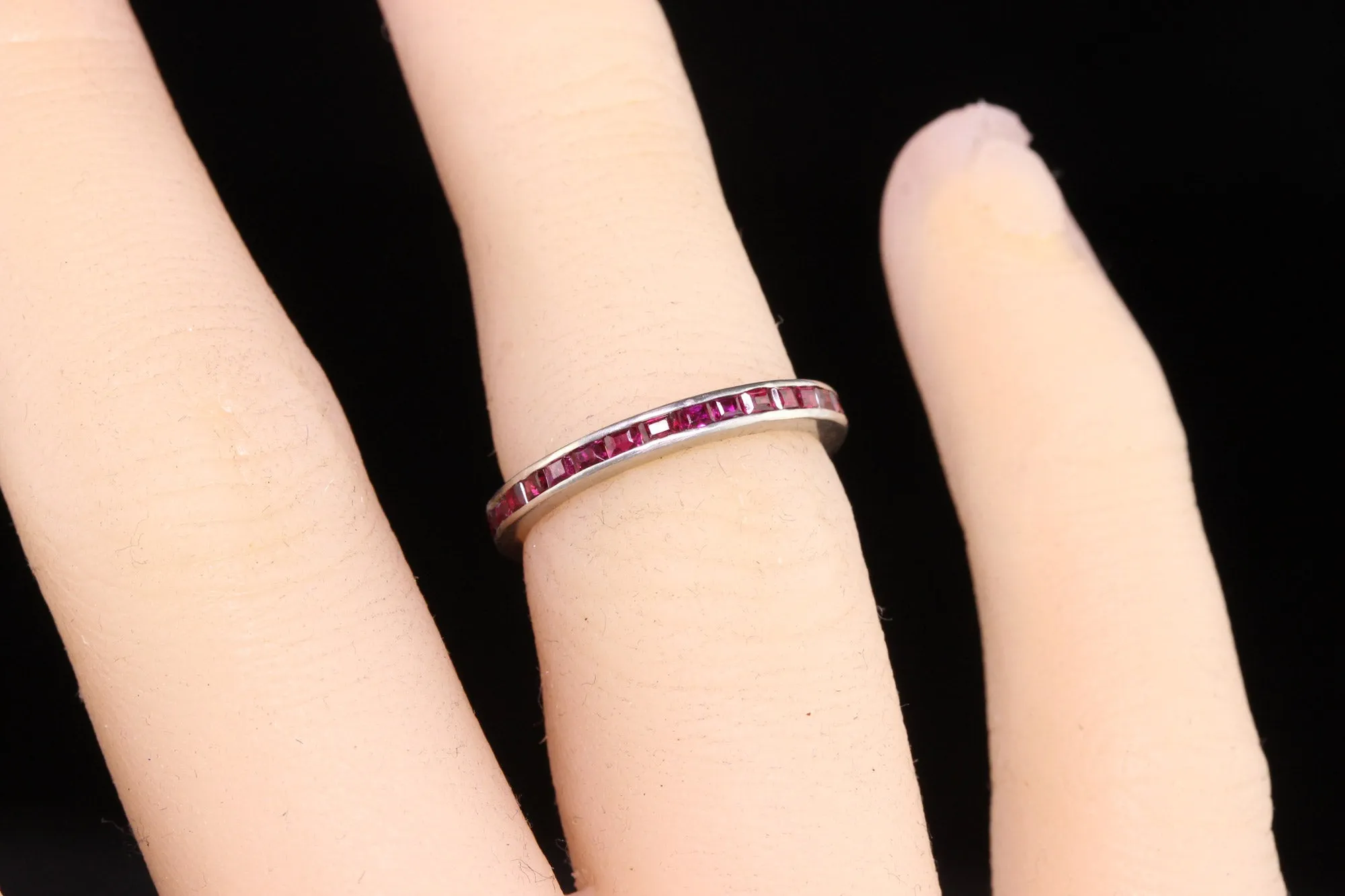 Antique Art Deco Platinum Square Cut Ruby Eternity Band - Size 4