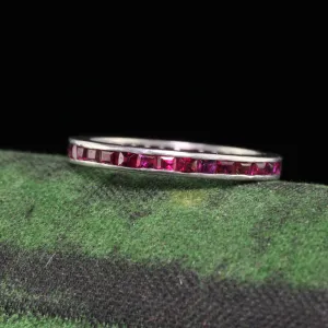 Antique Art Deco Platinum Square Cut Ruby Eternity Band - Size 4