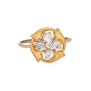 Antique Art Nouveau Moonstone Conversion Ring 14k Yellow Gold Old Mine Diamond