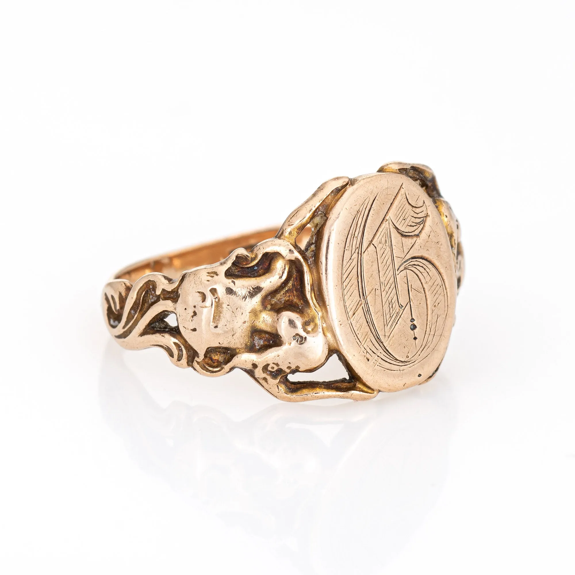 Antique Art Nouveau Signet Ring Letter D 14k Yellow Gold Nymph Figure Goddess