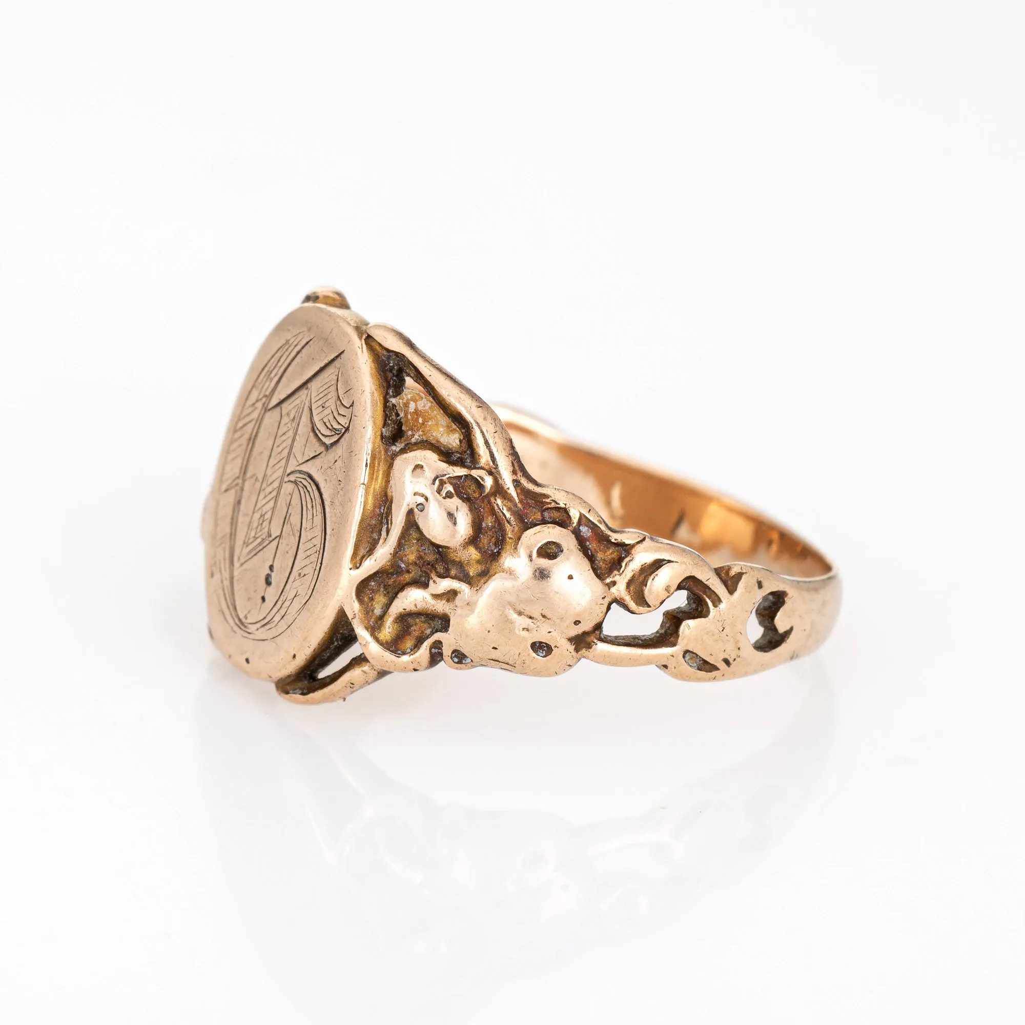 Antique Art Nouveau Signet Ring Letter D 14k Yellow Gold Nymph Figure Goddess