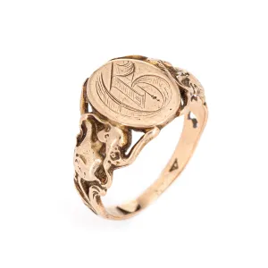Antique Art Nouveau Signet Ring Letter D 14k Yellow Gold Nymph Figure Goddess