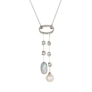 Antique Edwardian Negligee Necklace Opal Diamond Pearl Platinum Vintage Jewelry