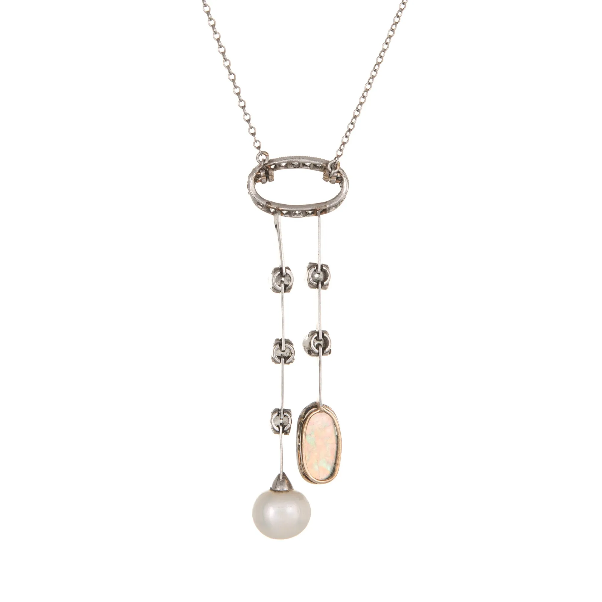 Antique Edwardian Negligee Necklace Opal Diamond Pearl Platinum Vintage Jewelry