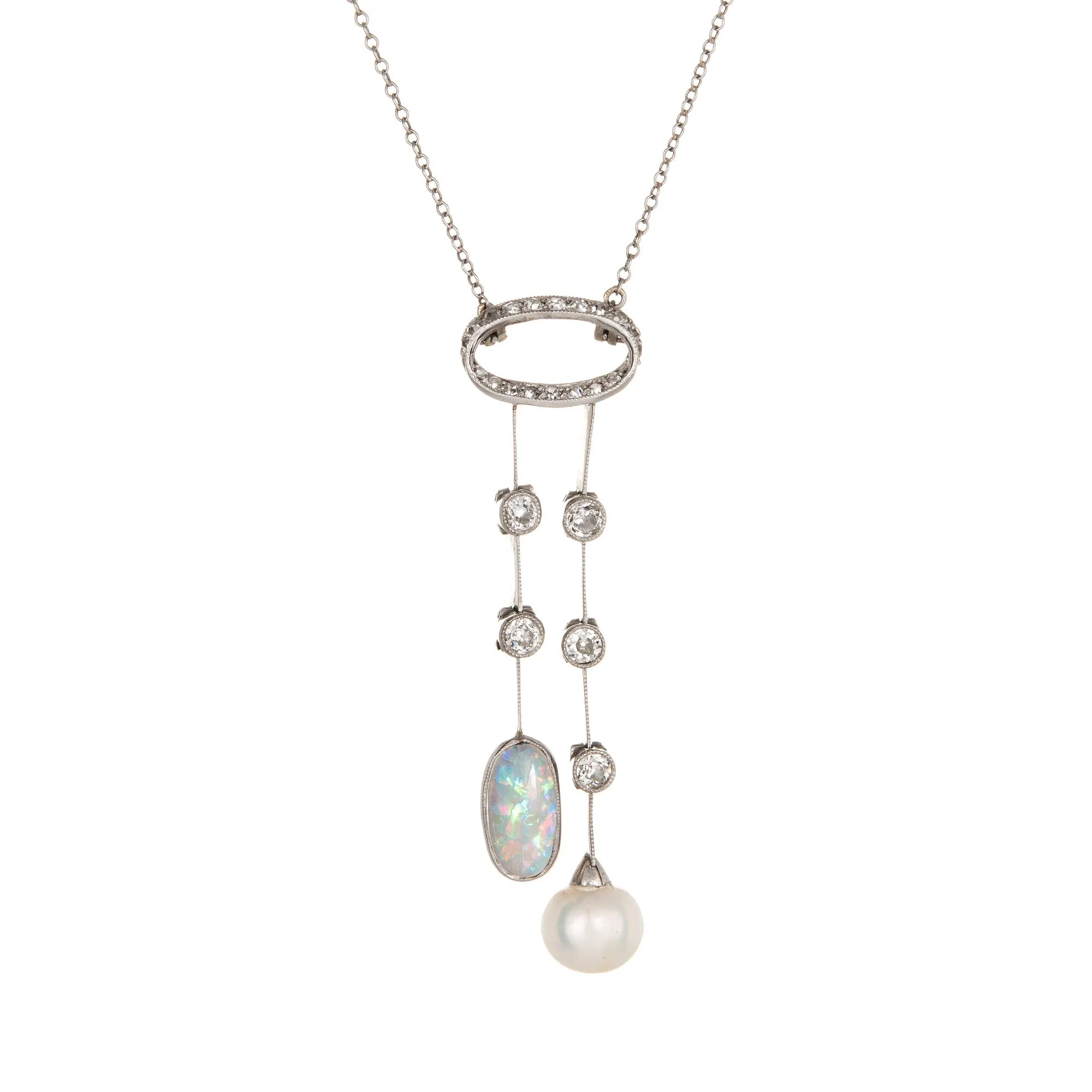 Antique Edwardian Negligee Necklace Opal Diamond Pearl Platinum Vintage Jewelry