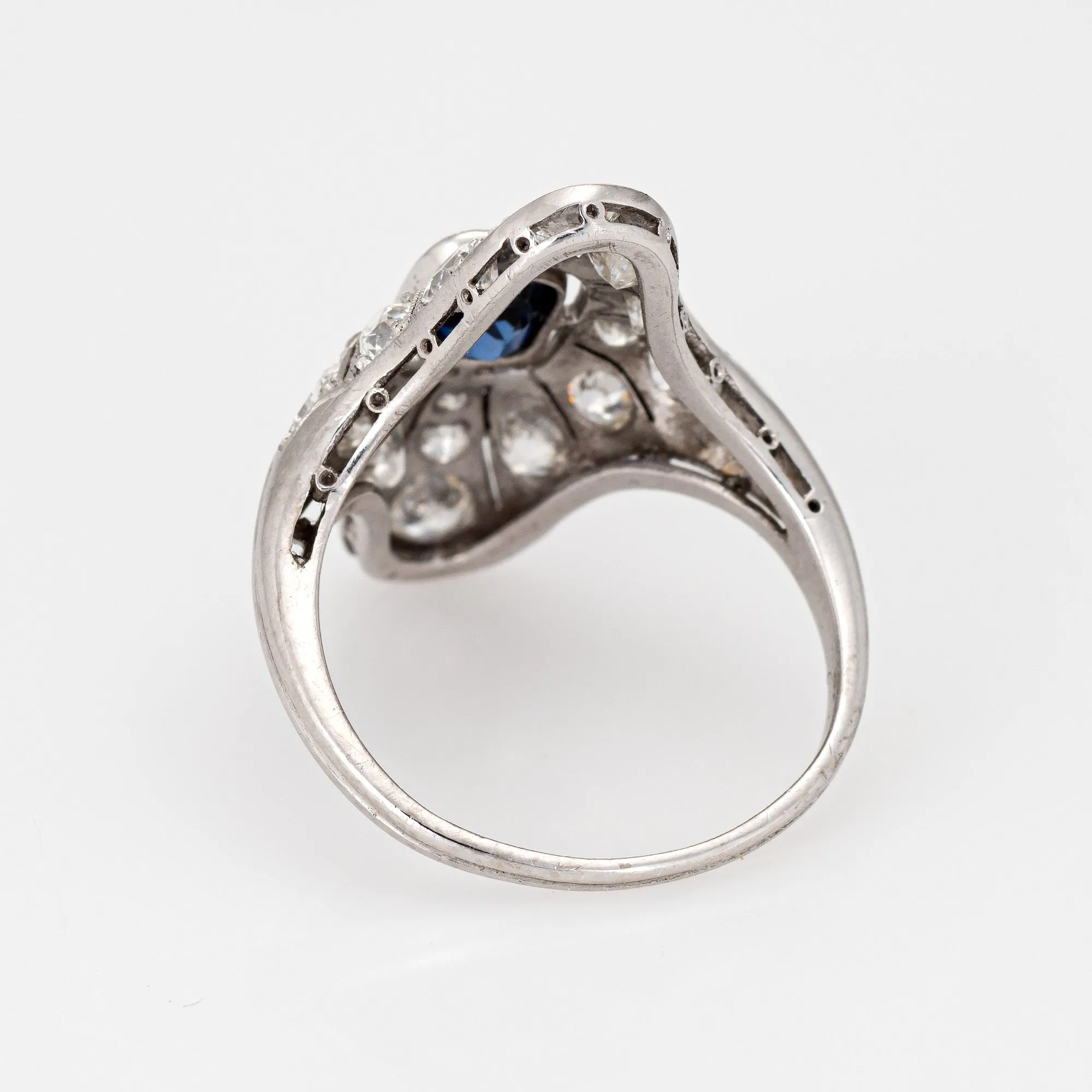 Antique Edwardian Sapphire Diamond Ring Vintage Platinum Long Plaque Jewelry