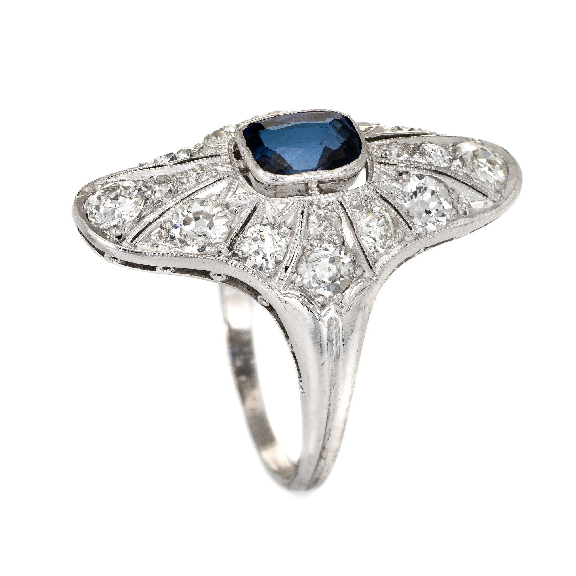 Antique Edwardian Sapphire Diamond Ring Vintage Platinum Long Plaque Jewelry
