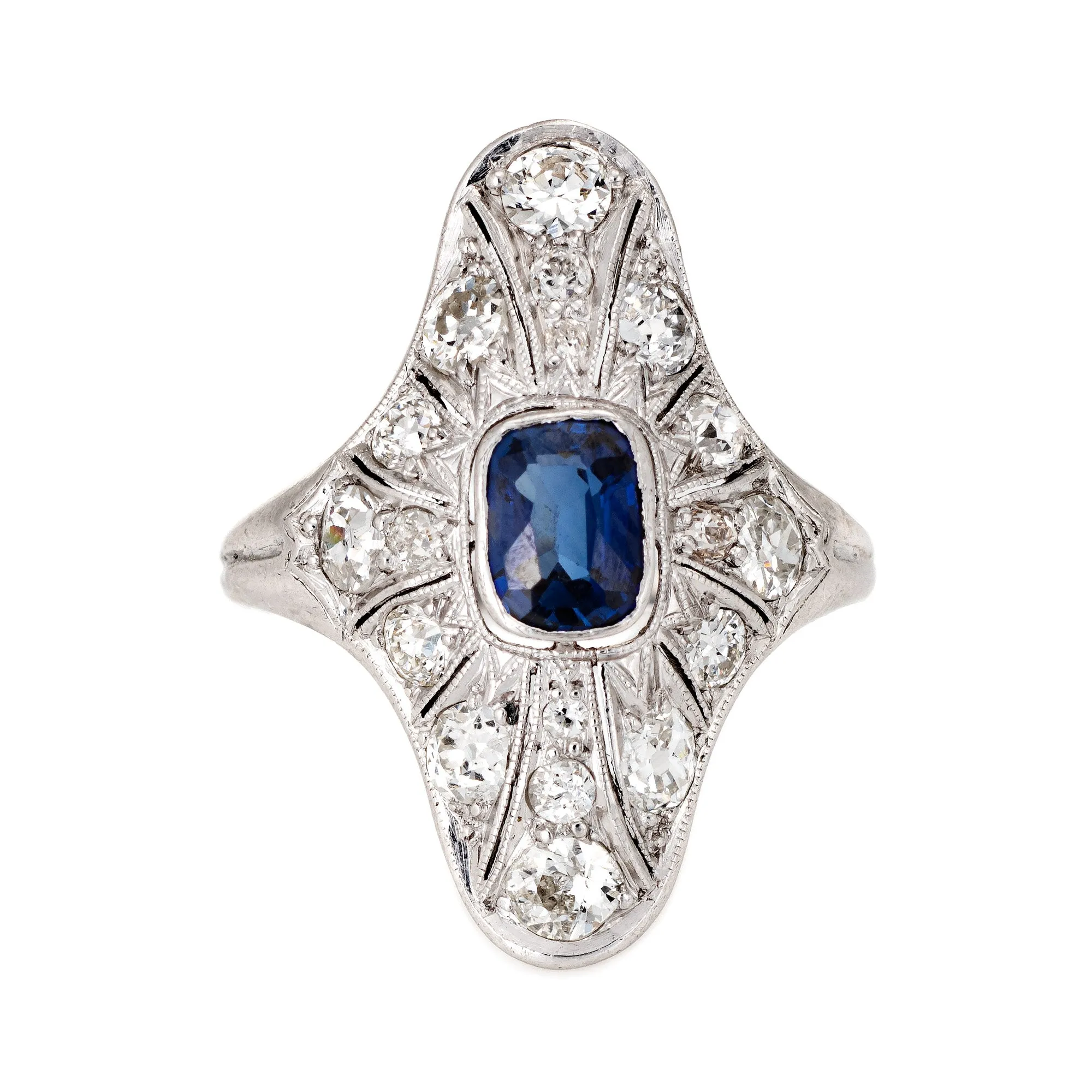 Antique Edwardian Sapphire Diamond Ring Vintage Platinum Long Plaque Jewelry