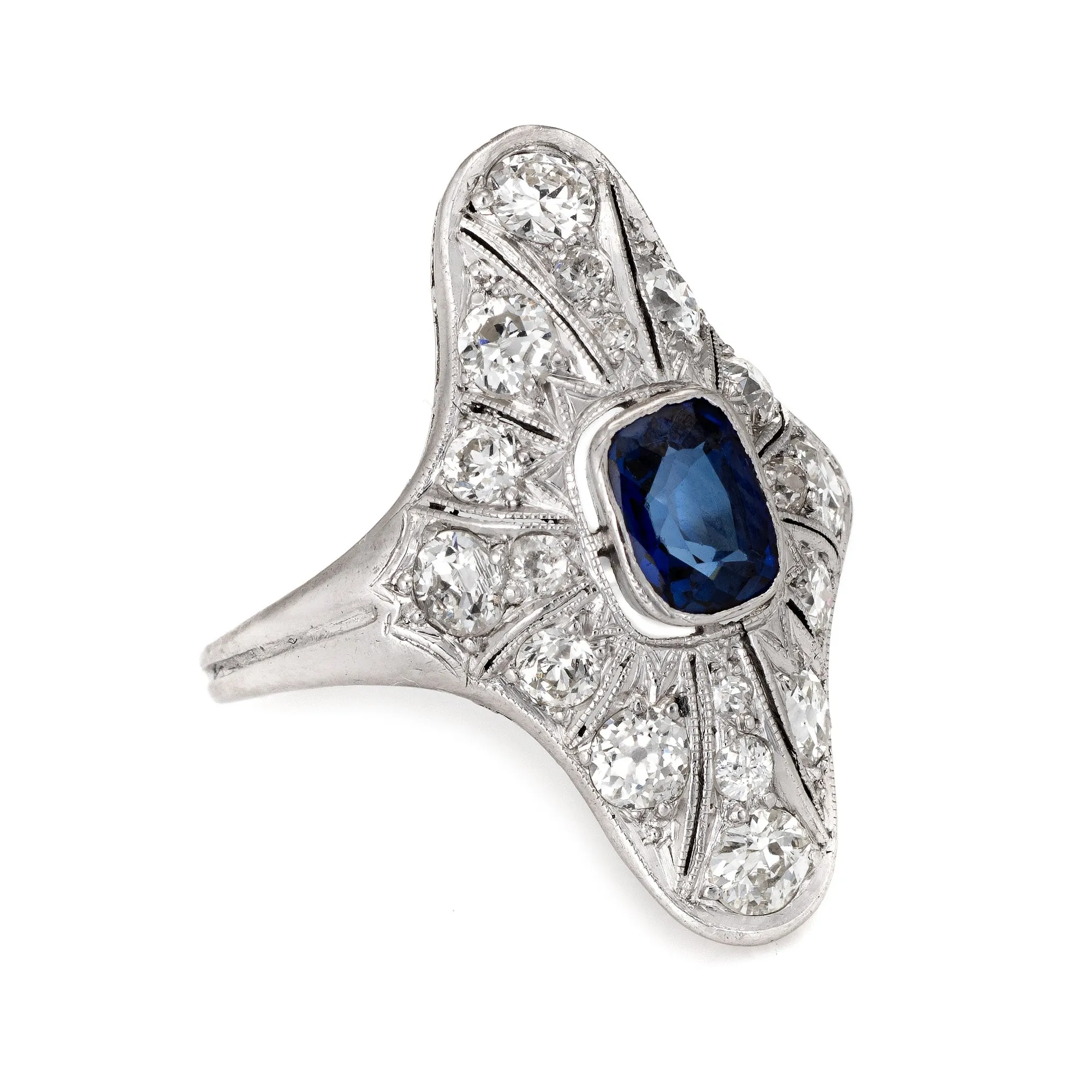 Antique Edwardian Sapphire Diamond Ring Vintage Platinum Long Plaque Jewelry