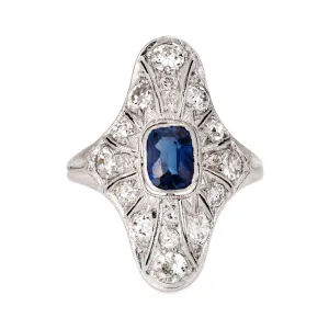 Antique Edwardian Sapphire Diamond Ring Vintage Platinum Long Plaque Jewelry