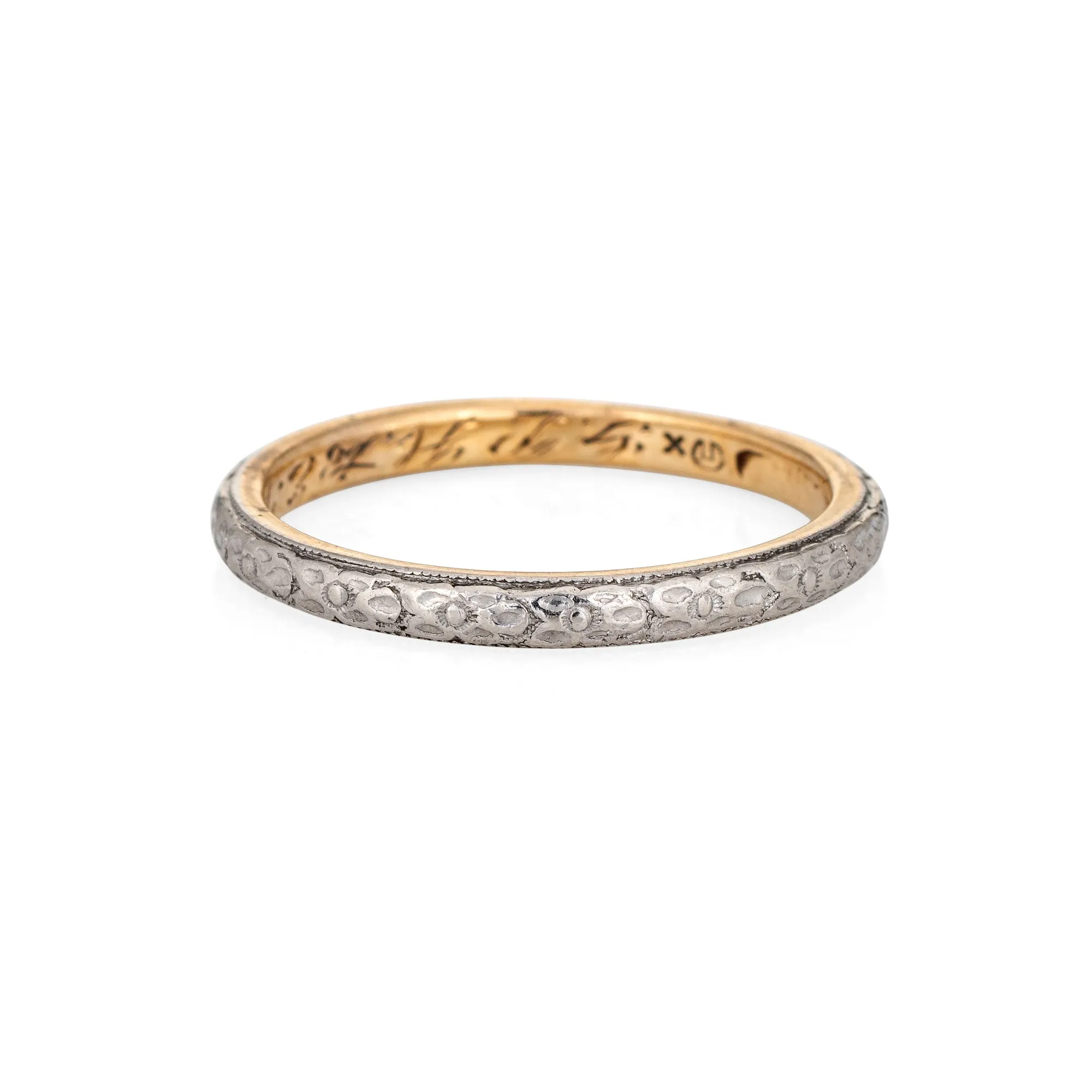Antique Edwardian Wedding Ring Flower Pattern Sz 6 Band Platinum 14k Gold 1914