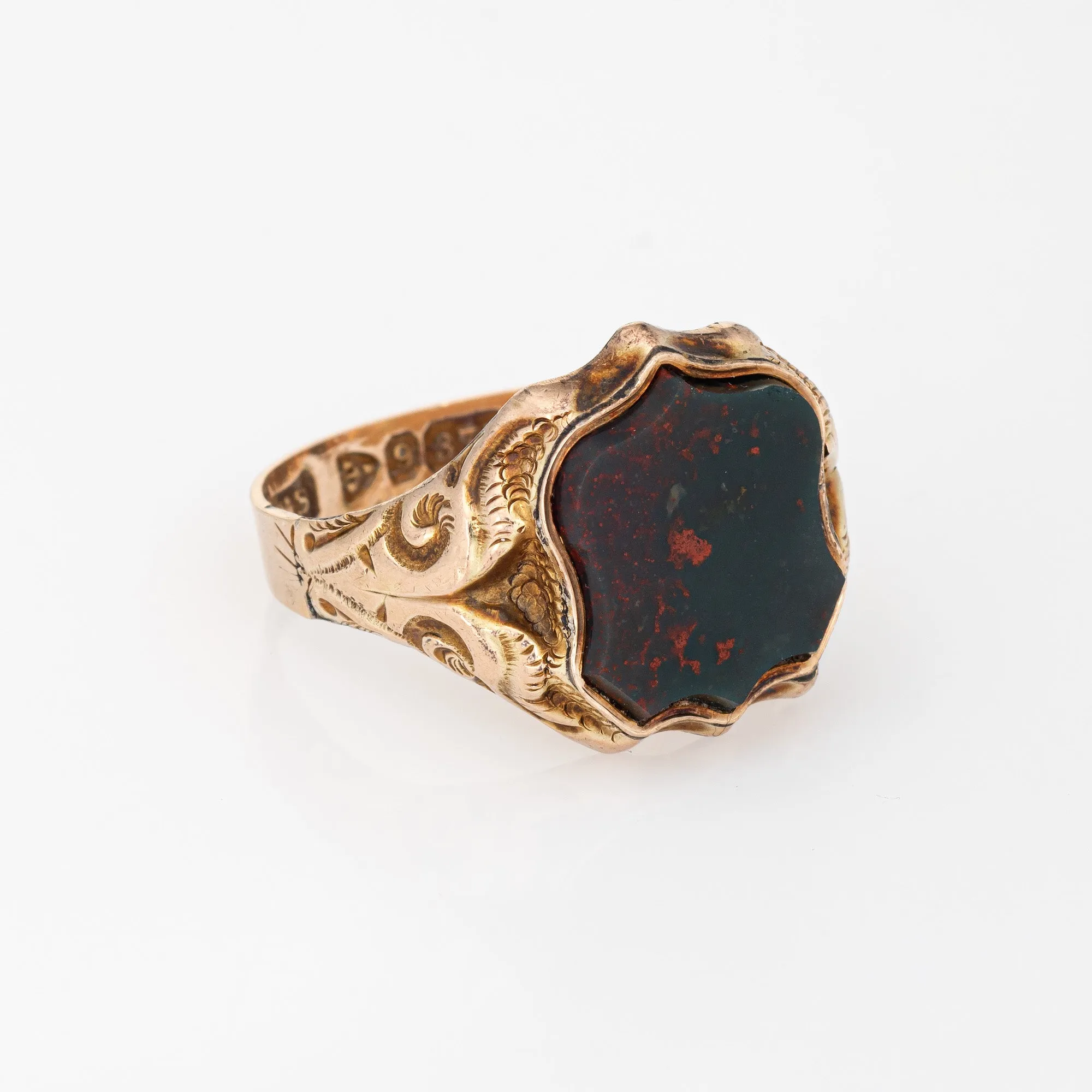 Antique Victorian c1899 Bloodstone Shield Ring 9k Rose Gold Chester Hallmark 8.5