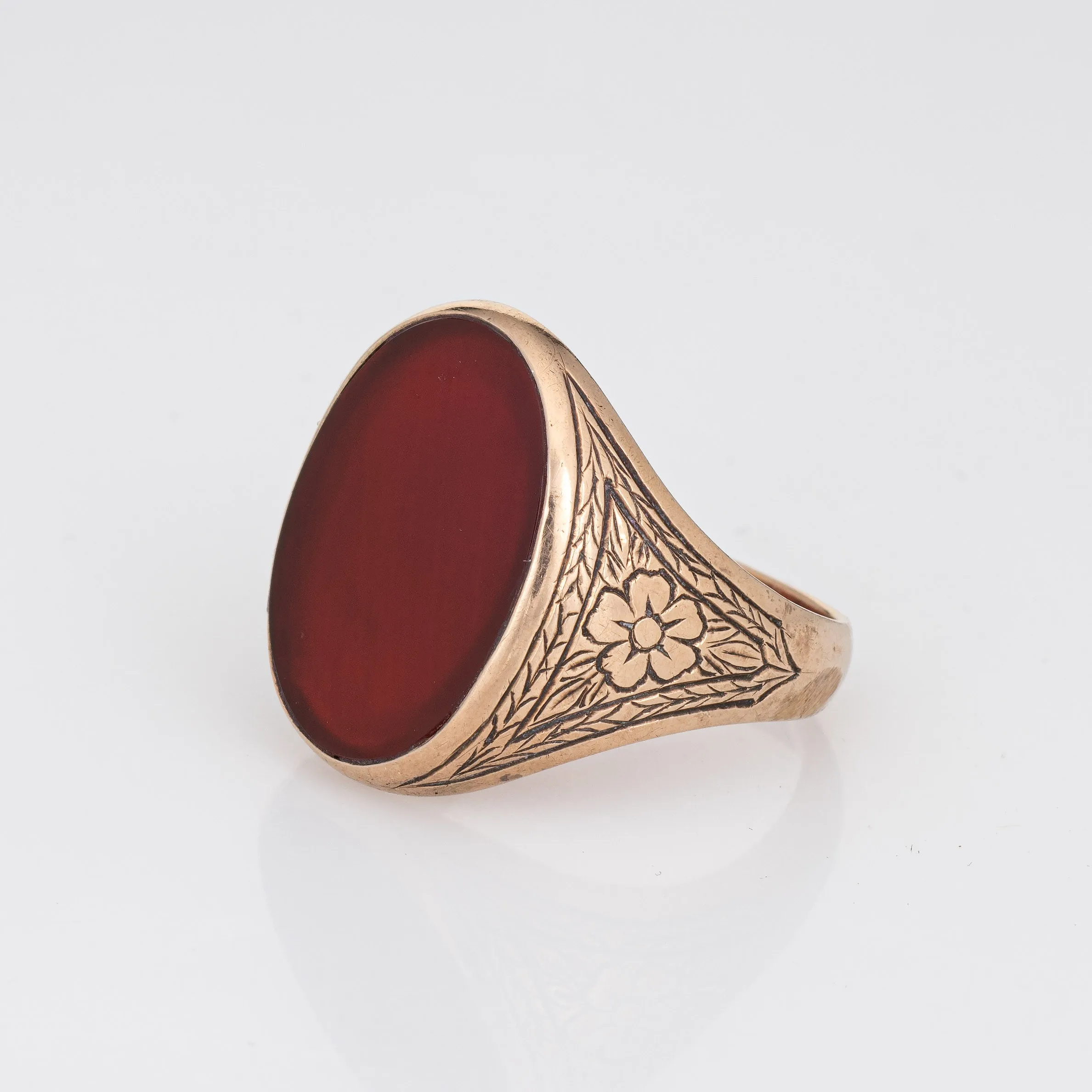 Antique Victorian Carnelian Signet Ring Vintage 10k Rose Gold Etched Sz 7.5