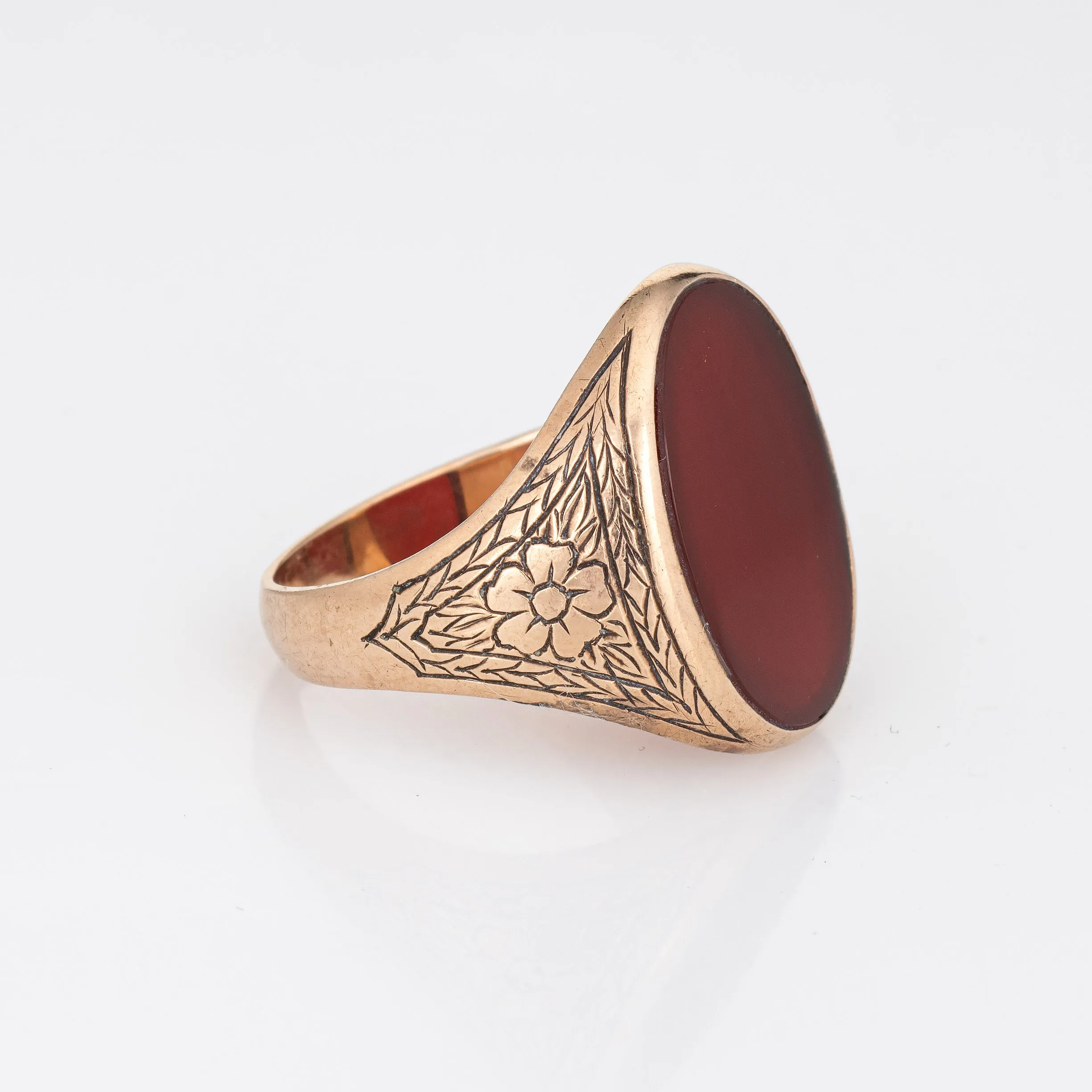 Antique Victorian Carnelian Signet Ring Vintage 10k Rose Gold Etched Sz 7.5