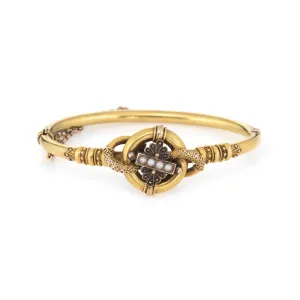 Antique Victorian Etruscan Revival Bracelet 14k Yellow Gold Seed Pearl Bangle