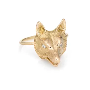 Antique Victorian Fox Conversion Ring 14k Gold Diamond Eyes Animal Jewelry