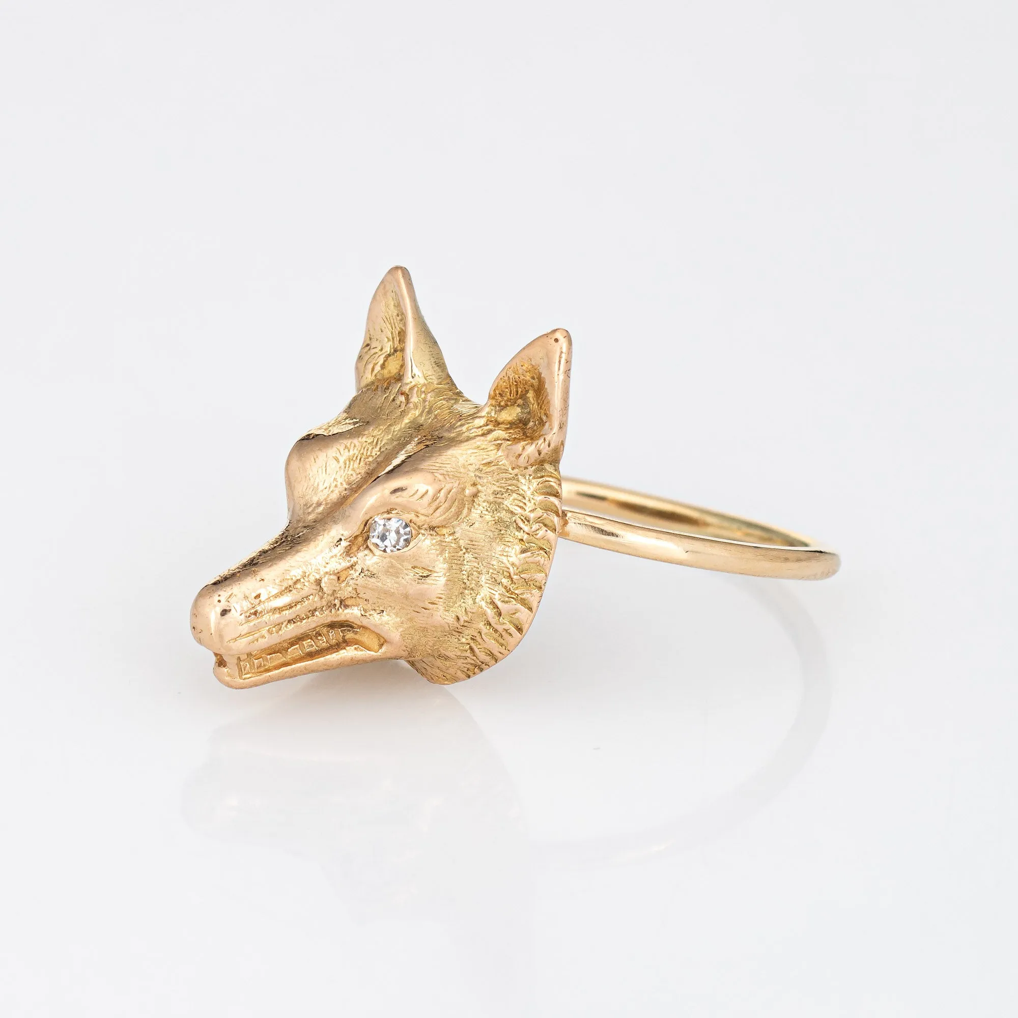 Antique Victorian Fox Conversion Ring 14k Gold Diamond Eyes Animal Jewelry