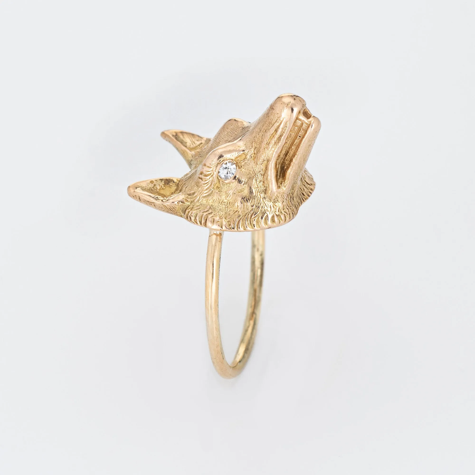 Antique Victorian Fox Conversion Ring 14k Gold Diamond Eyes Animal Jewelry