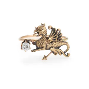Antique Victorian Griffin Conversion Ring 14k Yellow Gold Dragon Jewelry 6.25