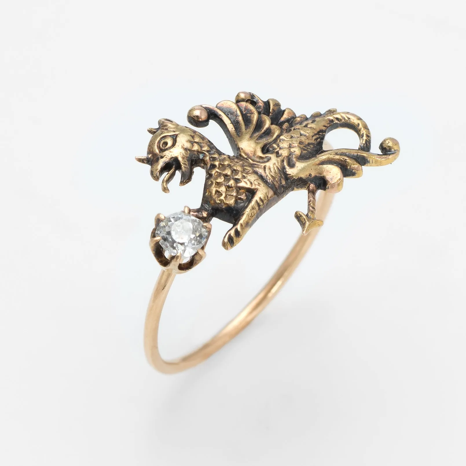 Antique Victorian Griffin Conversion Ring 14k Yellow Gold Dragon Jewelry 6.25