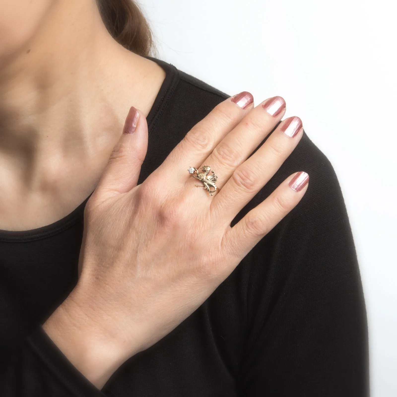 Antique Victorian Griffin Conversion Ring 14k Yellow Gold Dragon Jewelry 6.25