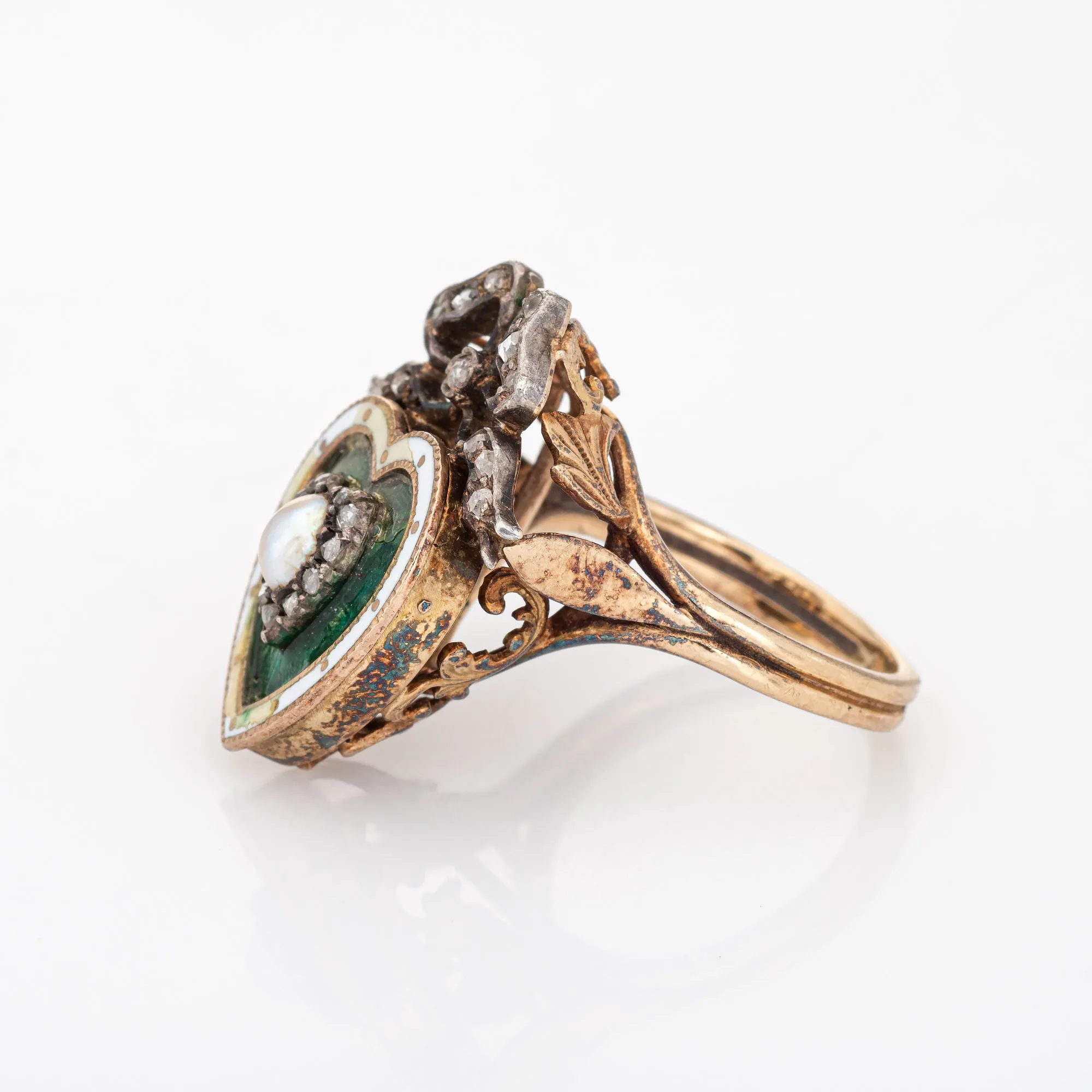 Antique Victorian Heart Ring Pearl Diamond Guilloche Enamel 15k Gold Silver Bow