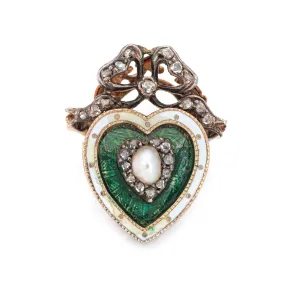 Antique Victorian Heart Ring Pearl Diamond Guilloche Enamel 15k Gold Silver Bow