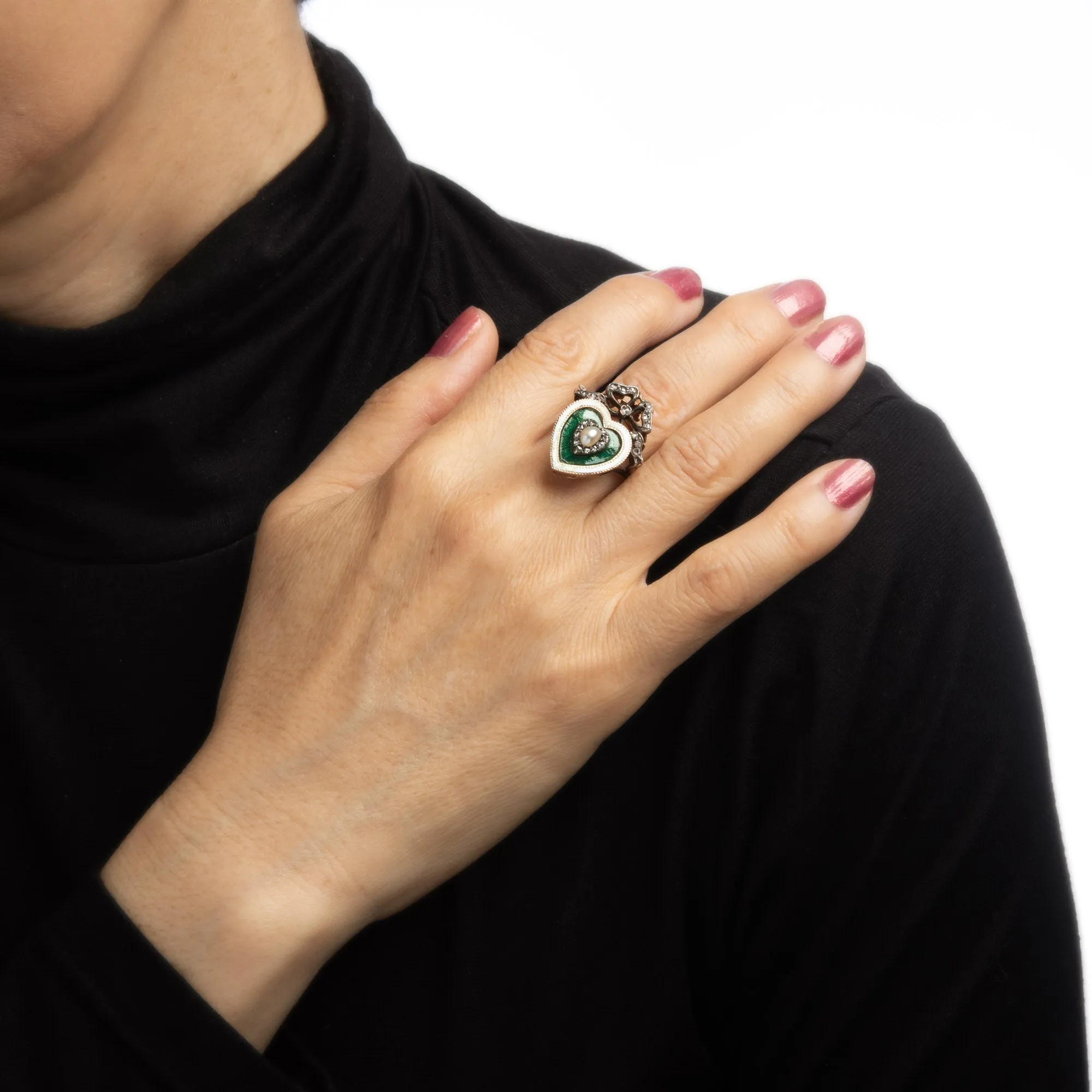 Antique Victorian Heart Ring Pearl Diamond Guilloche Enamel 15k Gold Silver Bow