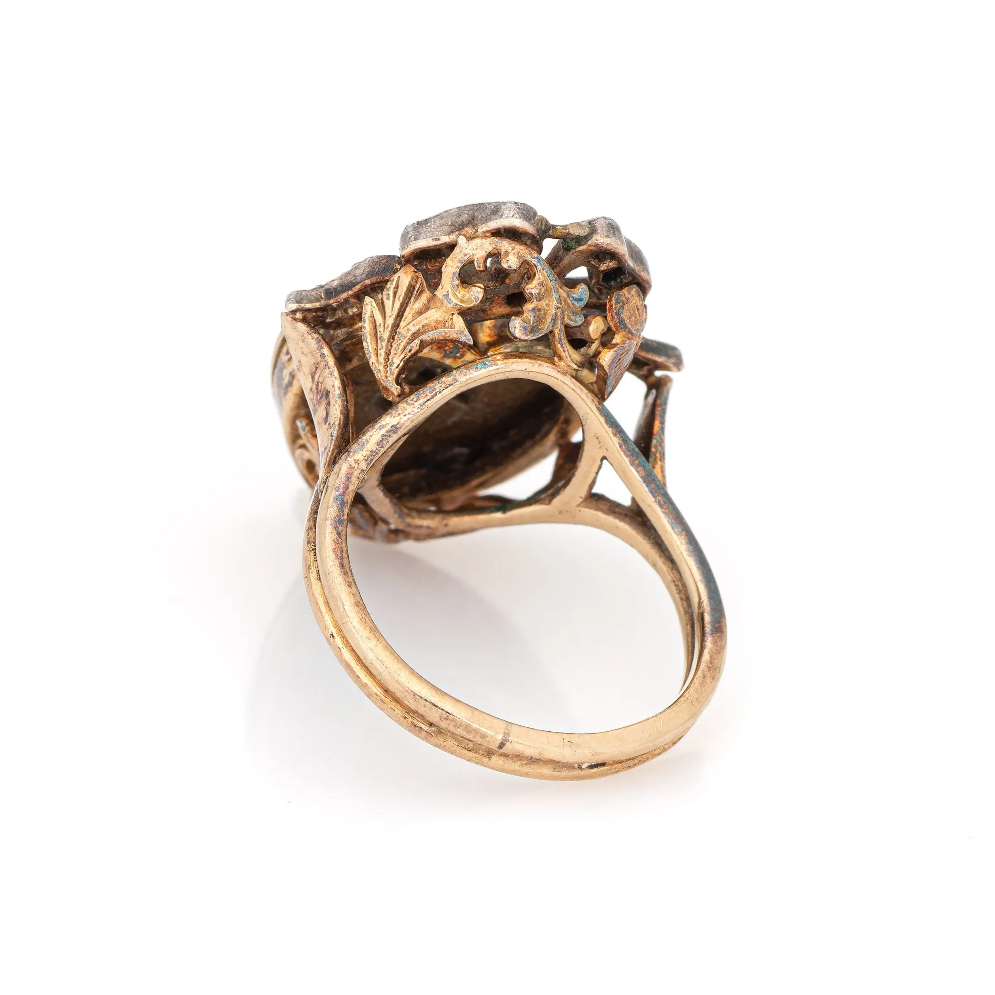 Antique Victorian Heart Ring Pearl Diamond Guilloche Enamel 15k Gold Silver Bow