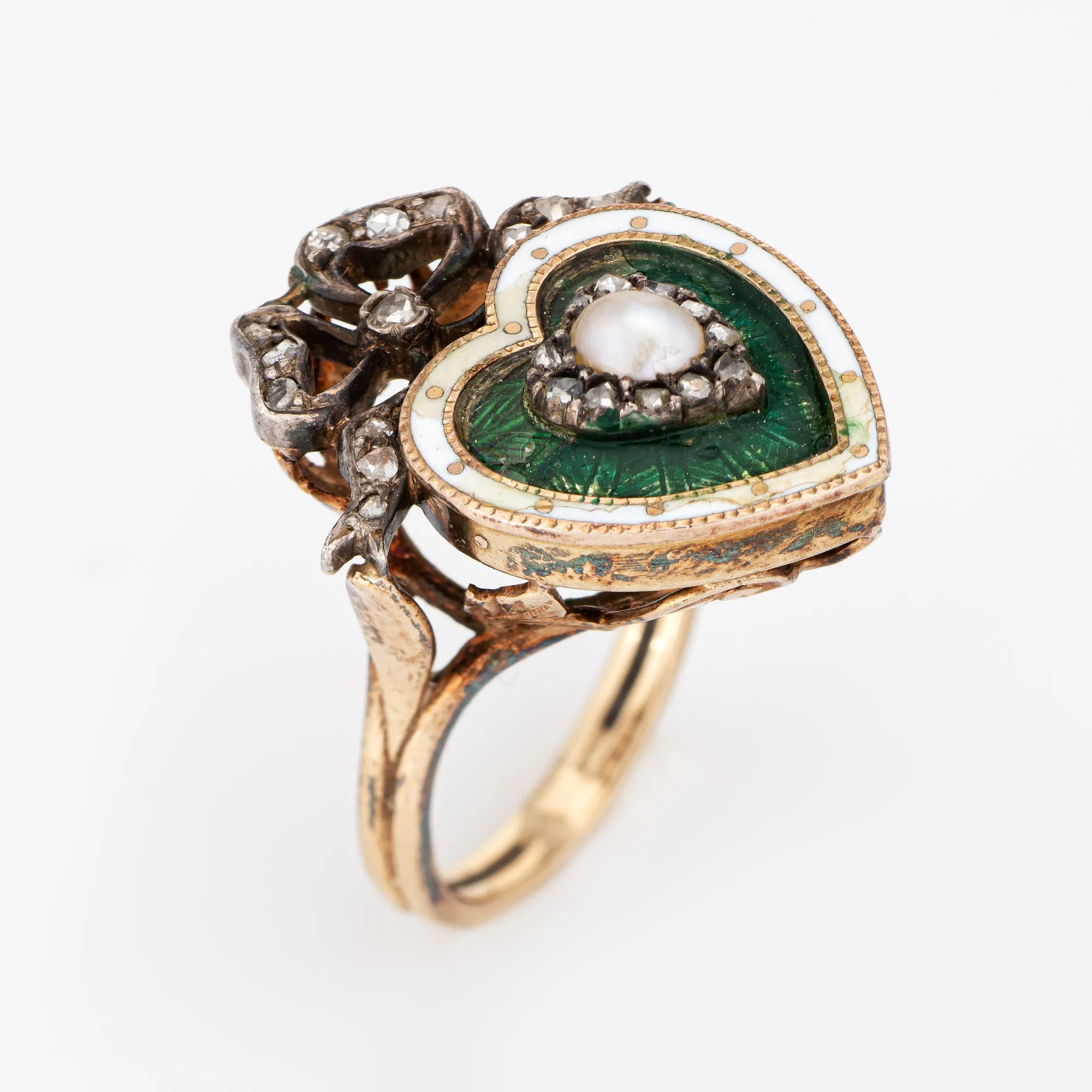 Antique Victorian Heart Ring Pearl Diamond Guilloche Enamel 15k Gold Silver Bow