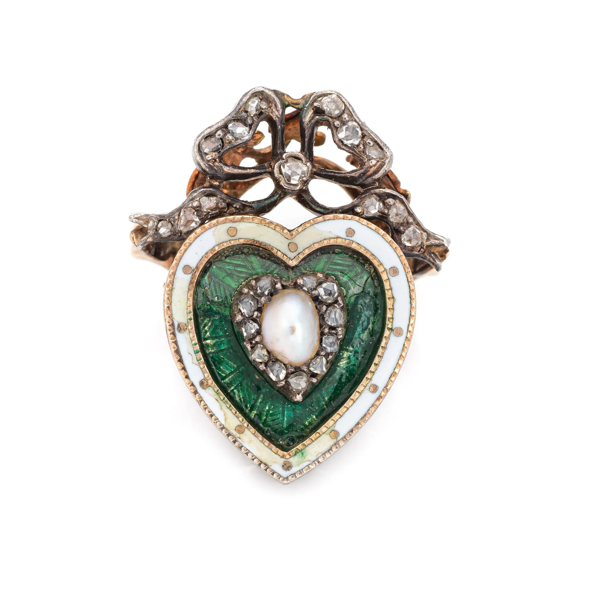 Antique Victorian Heart Ring Pearl Diamond Guilloche Enamel 15k Gold Silver Bow