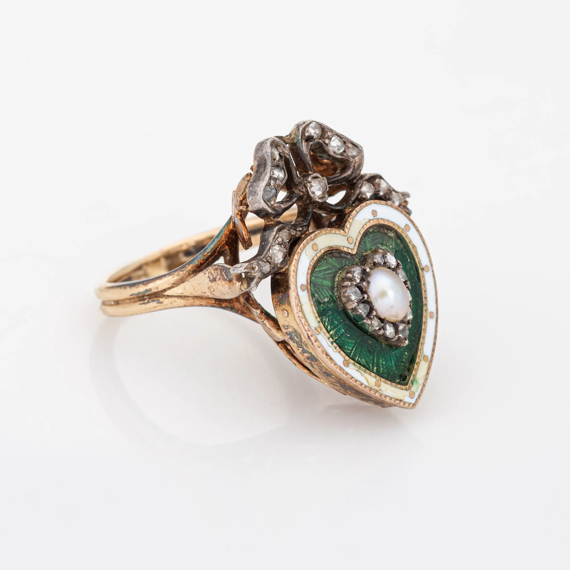 Antique Victorian Heart Ring Pearl Diamond Guilloche Enamel 15k Gold Silver Bow