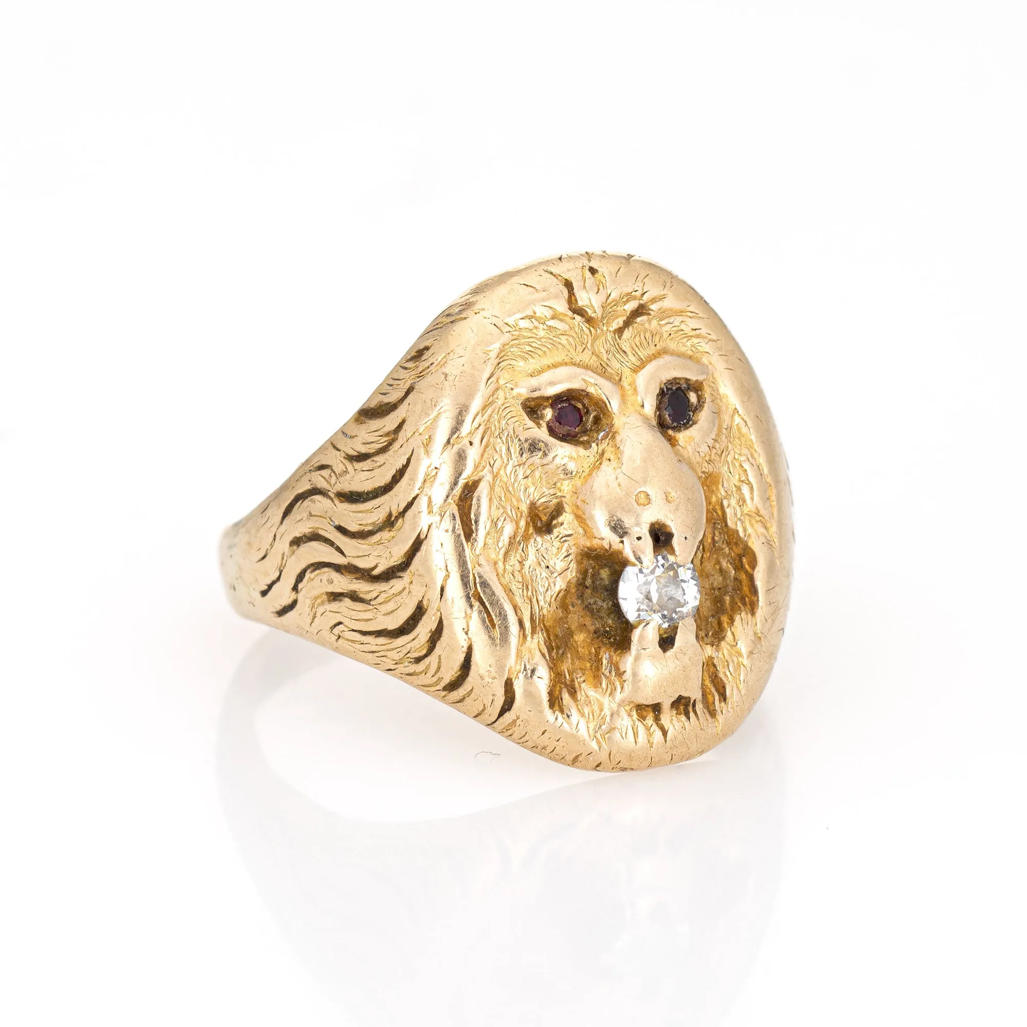 Antique Victorian Lion Ring Old Mine Diamond Garnet Eyes 14k Yellow Gold 7 Old
