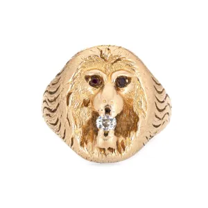 Antique Victorian Lion Ring Old Mine Diamond Garnet Eyes 14k Yellow Gold 7 Old