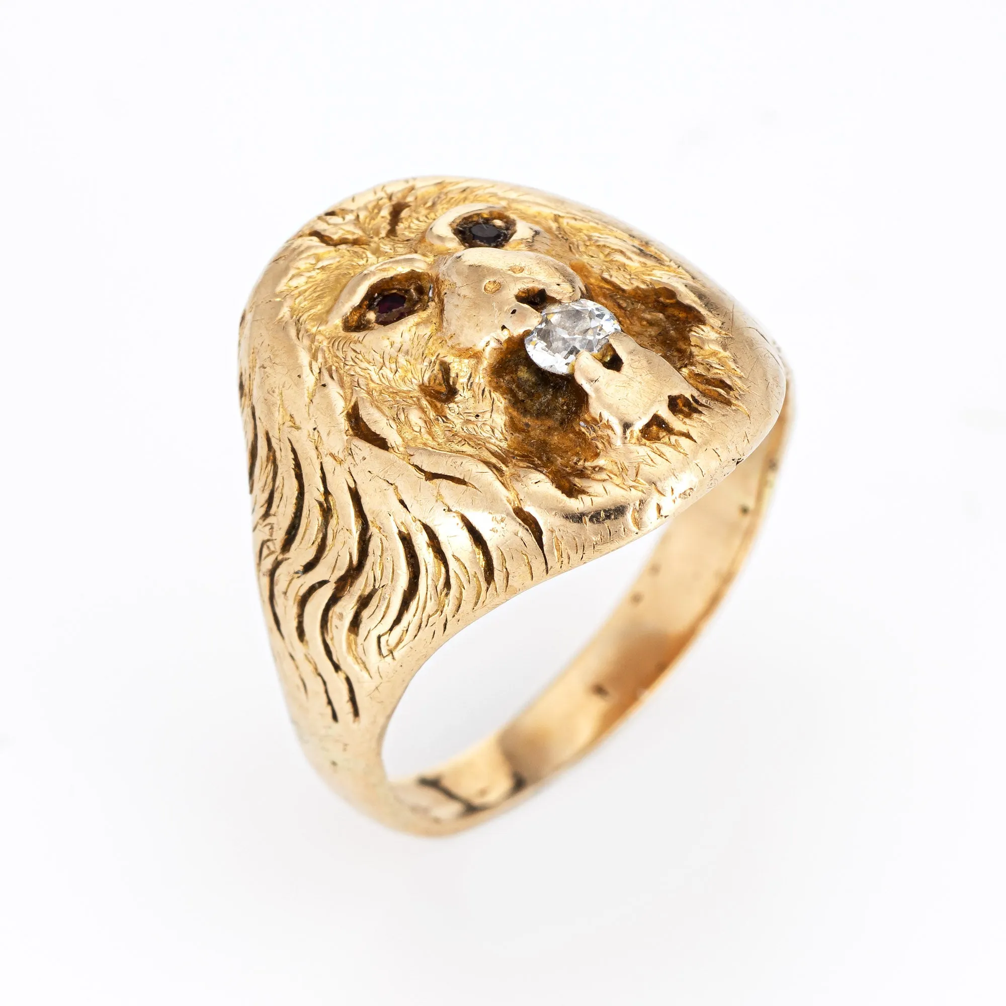 Antique Victorian Lion Ring Old Mine Diamond Garnet Eyes 14k Yellow Gold 7 Old