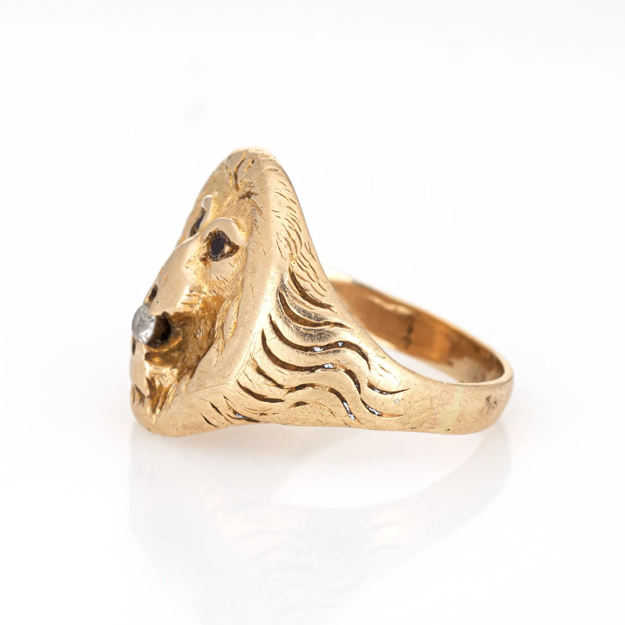 Antique Victorian Lion Ring Old Mine Diamond Garnet Eyes 14k Yellow Gold 7 Old