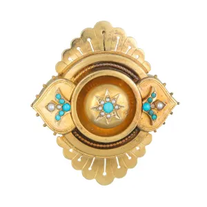 Antique Victorian Pendant Turquoise Seed Pearl 14k Yellow Gold Vintage Jewelry