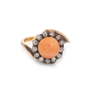 Antique Victorian Ring Coral Rose Cut Diamond Vintage 14k Yellow Gold Jewelry 7