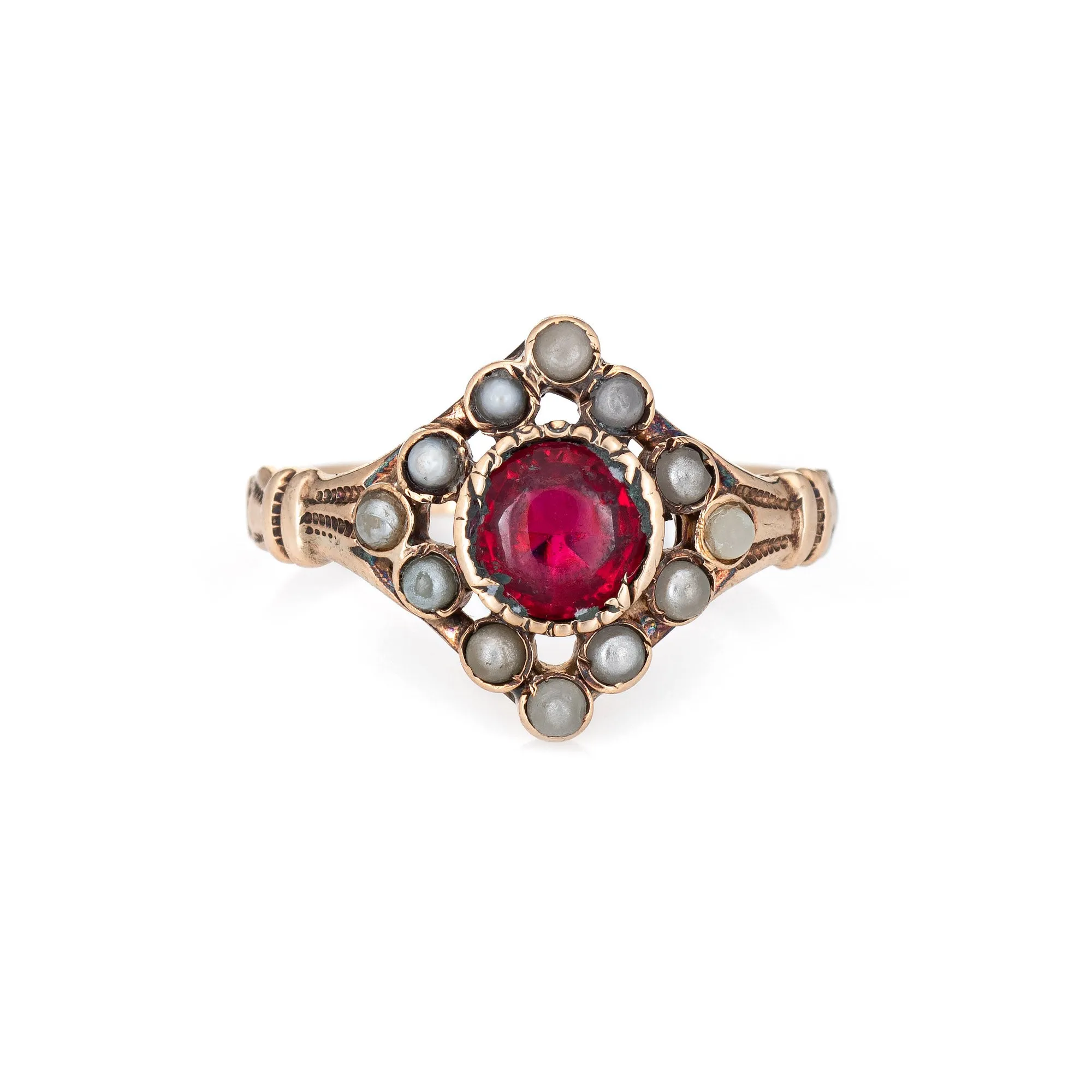 Antique Victorian Seed Pearl Ring Red Paste 10k Rose Gold Vintage Fine Jewelry