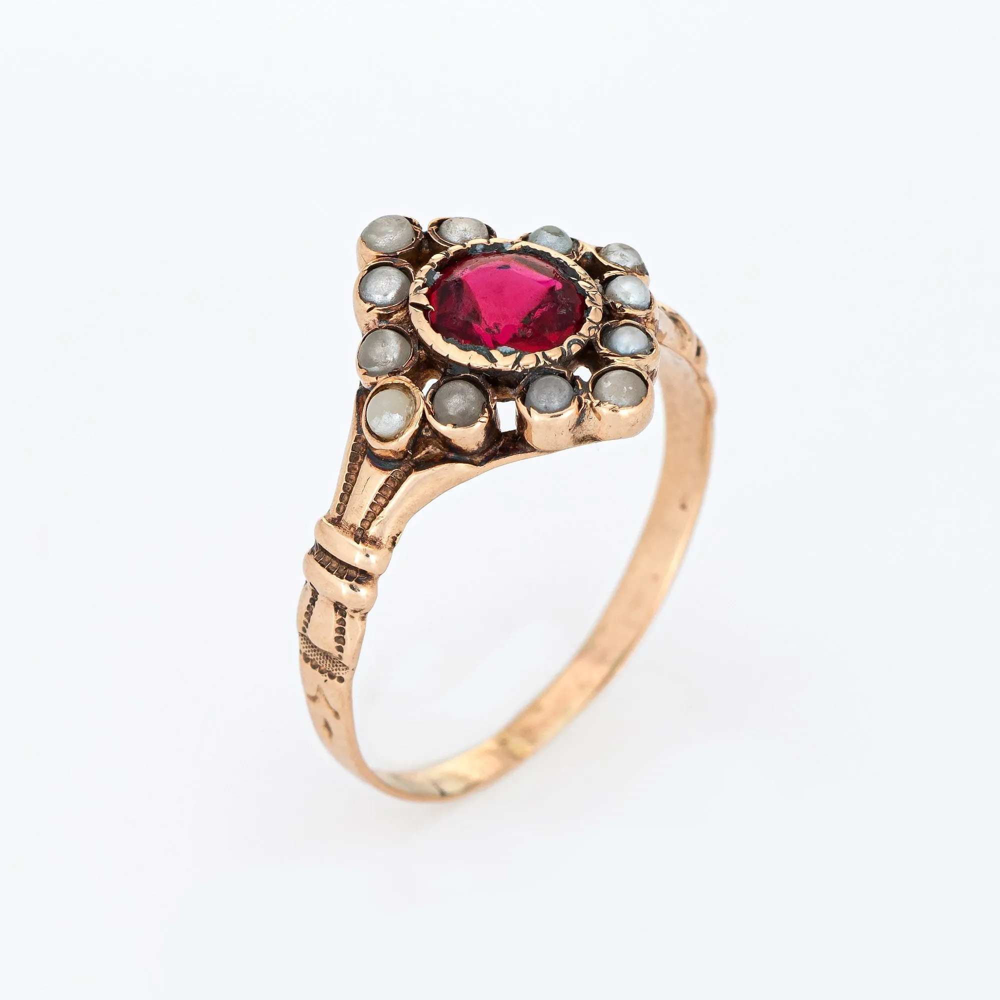 Antique Victorian Seed Pearl Ring Red Paste 10k Rose Gold Vintage Fine Jewelry