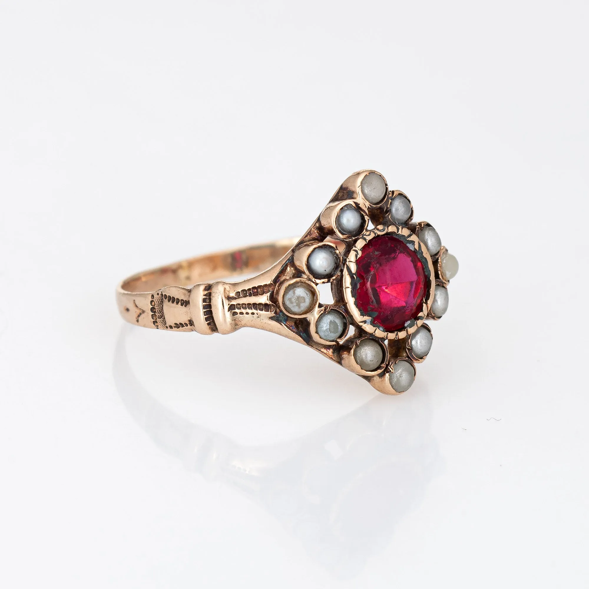 Antique Victorian Seed Pearl Ring Red Paste 10k Rose Gold Vintage Fine Jewelry