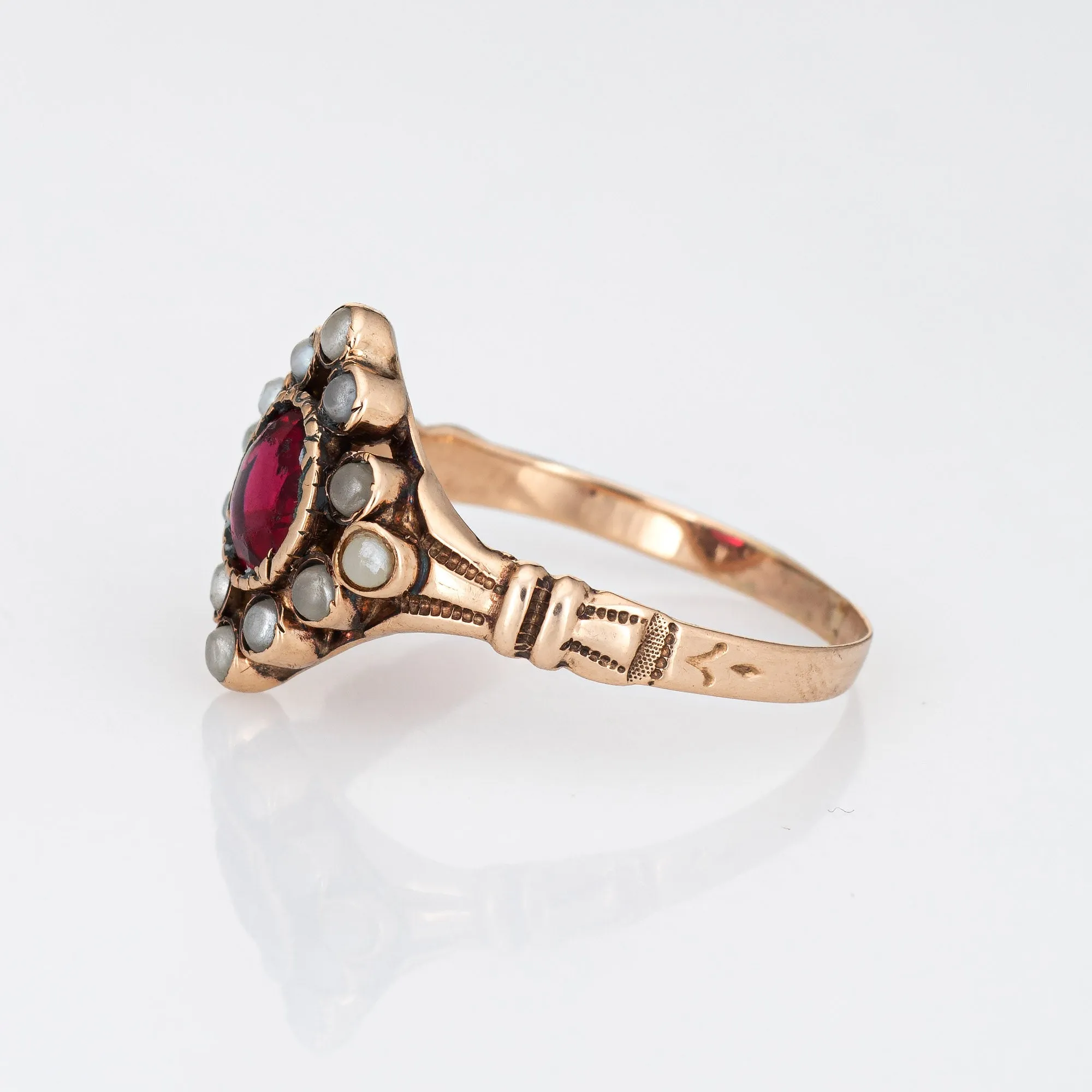 Antique Victorian Seed Pearl Ring Red Paste 10k Rose Gold Vintage Fine Jewelry