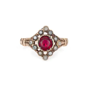 Antique Victorian Seed Pearl Ring Red Paste 10k Rose Gold Vintage Fine Jewelry