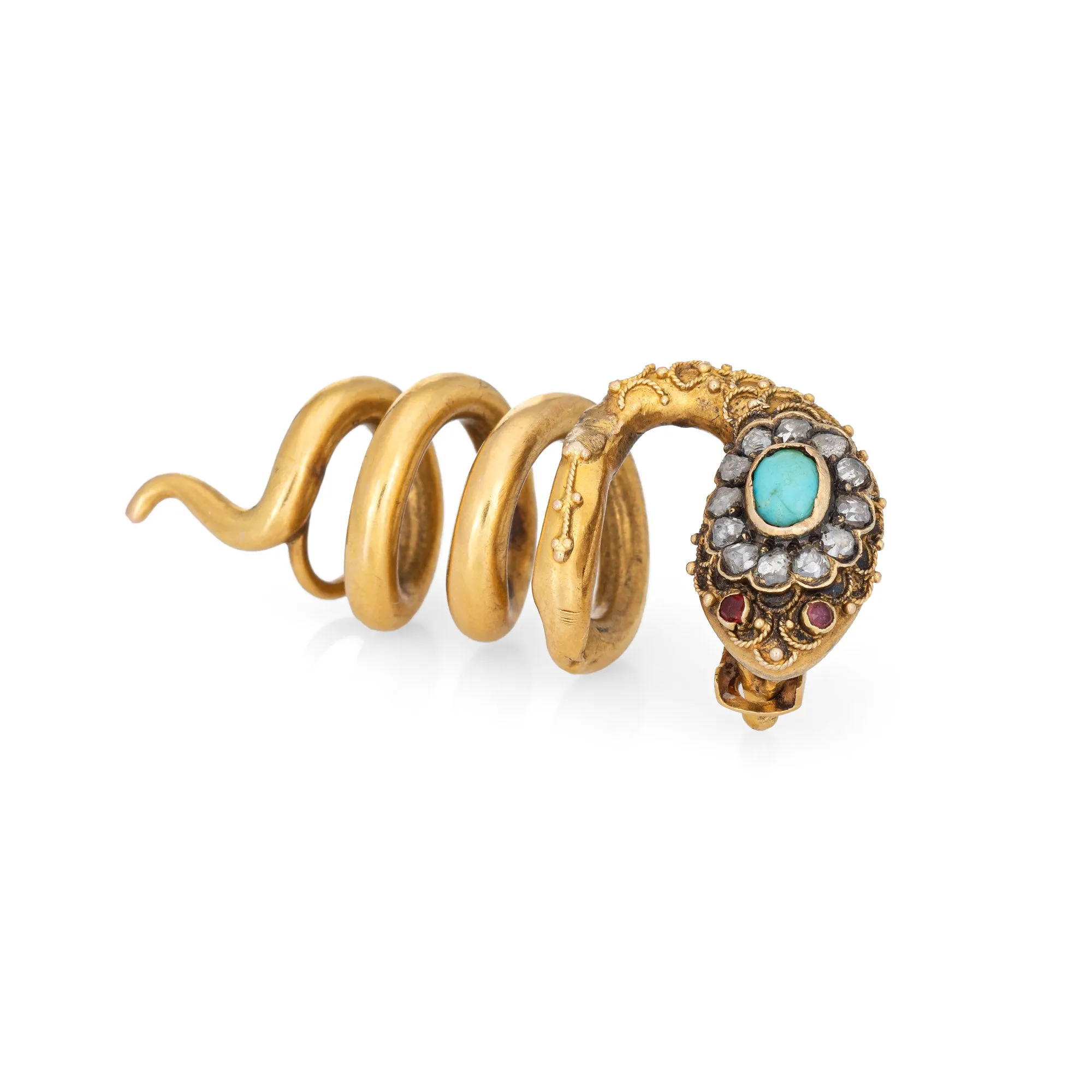Antique Victorian Snake Pendant Diamond Turquoise 18k Yellow Gold Coiled Slide