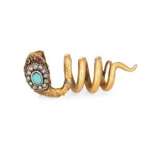 Antique Victorian Snake Pendant Diamond Turquoise 18k Yellow Gold Coiled Slide