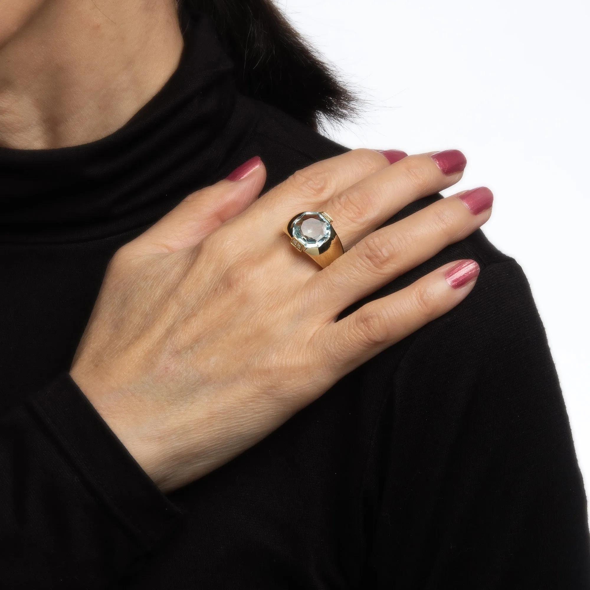Aquamarine Gypsy Ring Vintage 14k Yellow Gold Sz 9 Wide Band Hexagonal Cut