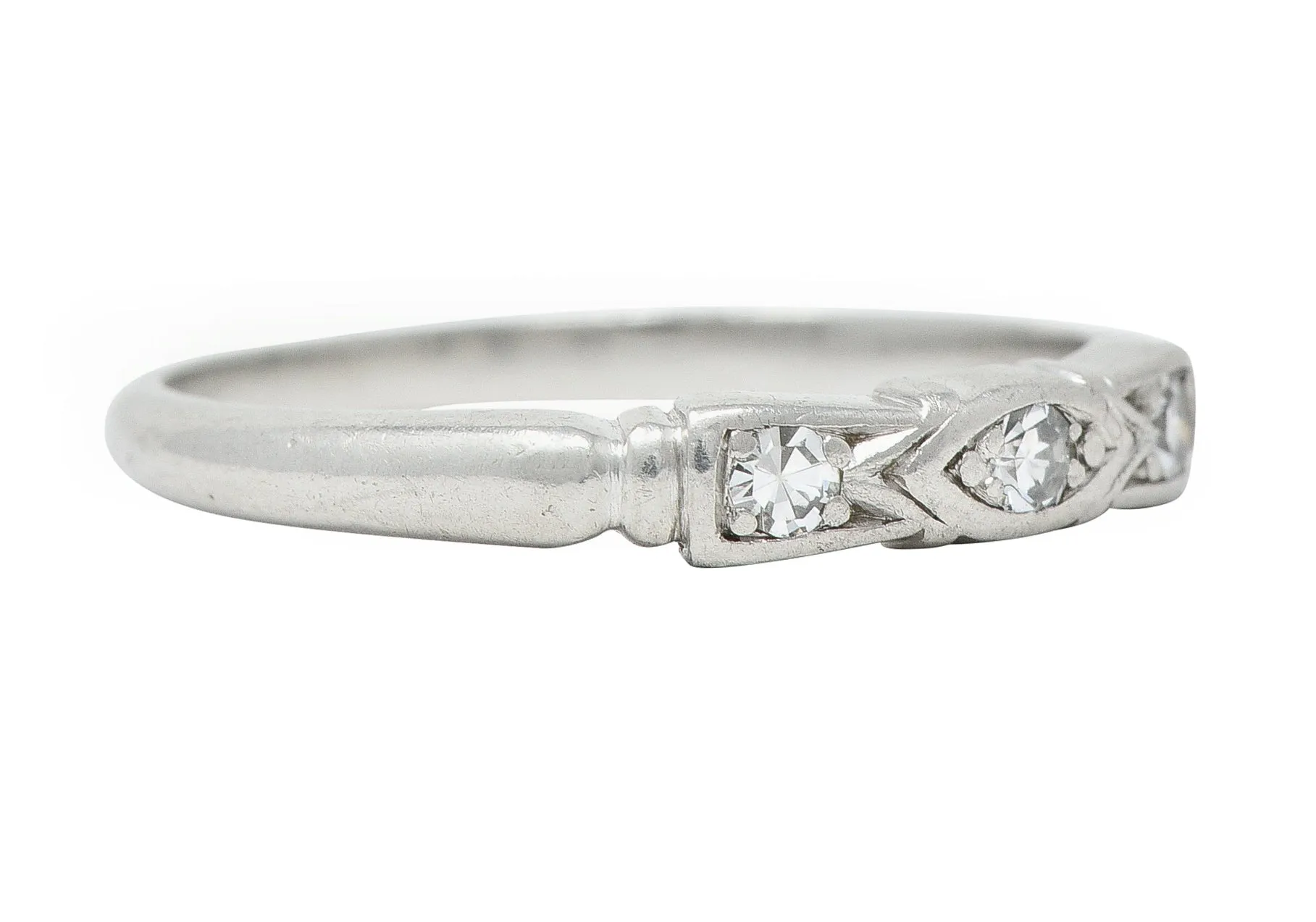 Art Deco Diamond Platinum Navette Three Stone Band Ring