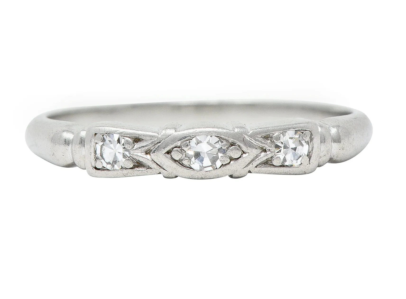 Art Deco Diamond Platinum Navette Three Stone Band Ring